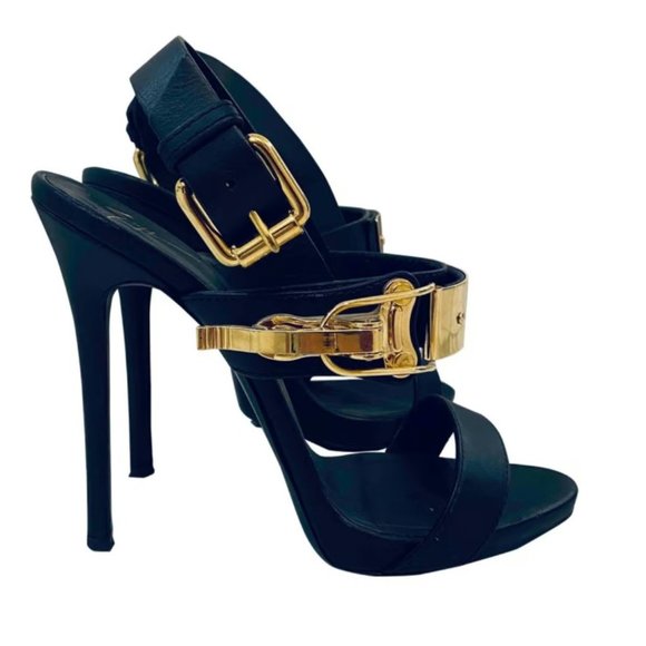 Giuseppe Zanotti Black Leather Strappy Ski Buckle Embellished Sandals - Picture 1 of 16